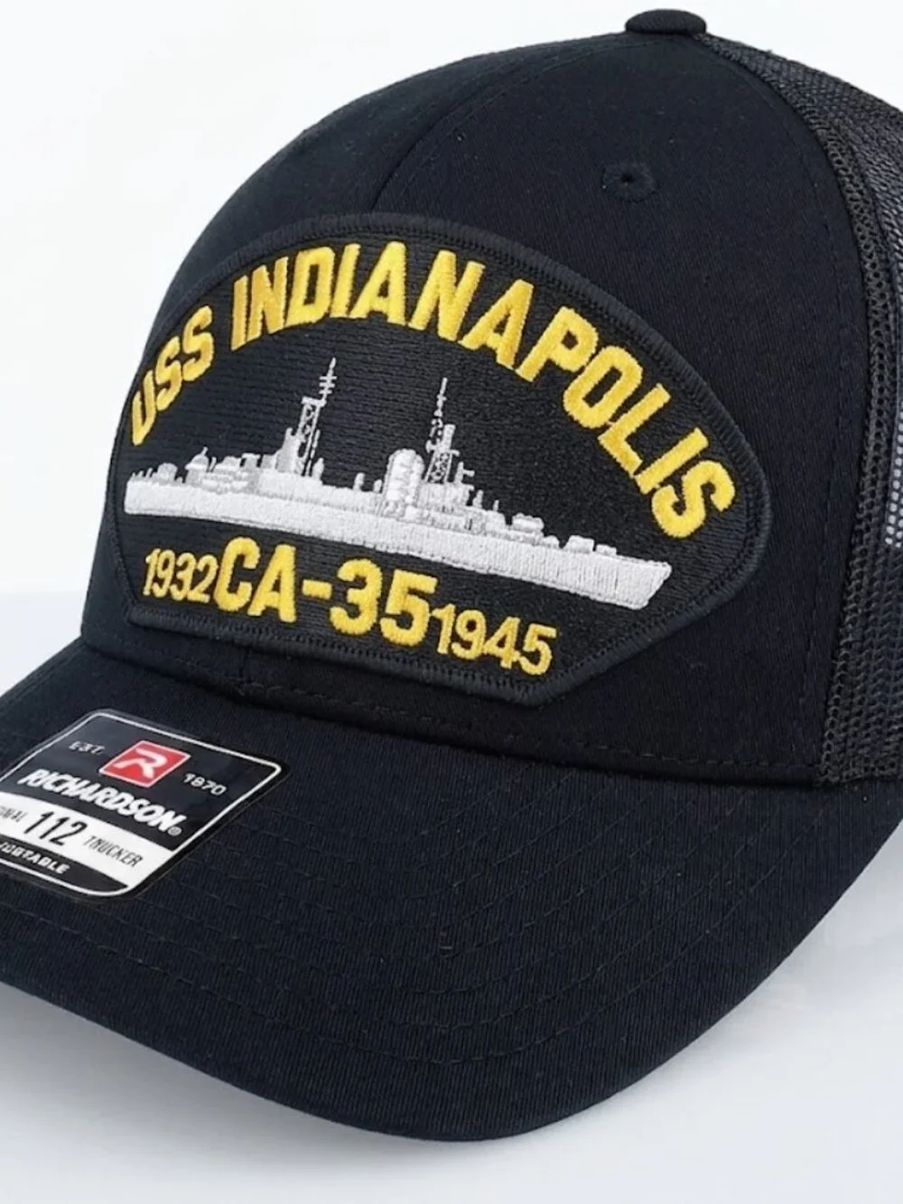 Retro USS Indianapolis CA-35 Navy Patch Hat Richardson 112 Black Trucker New WW2